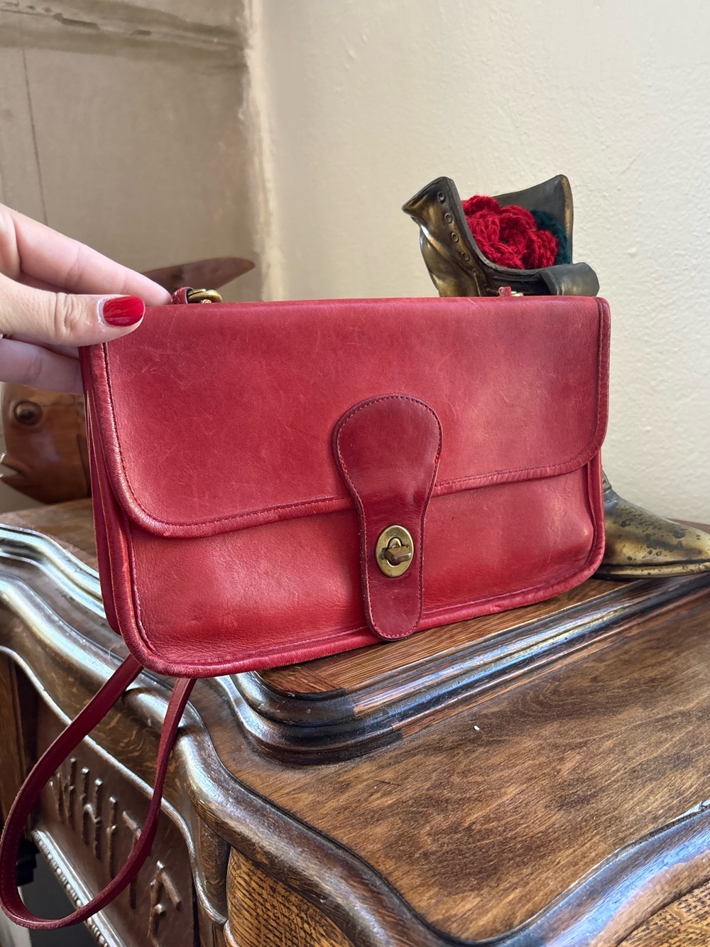 Coach Twin 7532 Classic Red Leather Crossbody Bag